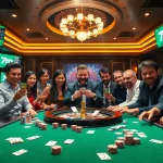 High-stakes poker table with diverse players and "7m cn" digital sports scores.