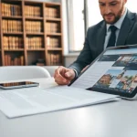 real estate lawyer reviewing essential legal documents in a modern office environment