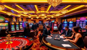 Người chơi đang tận hưởng các trò chơi đa dạng tại một casino sang trọng trong khi tìm liên kết truy cập W88.
