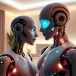 An engaging AI sex robot in a modern bedroom, showcasing advanced technology and intimate ambiance.