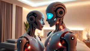 An engaging AI sex robot in a modern bedroom, showcasing advanced technology and intimate ambiance.