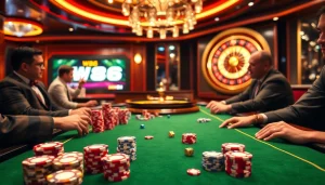 Players engaging in thrilling games at a luxurious casino with a link to W88 clearly presented.