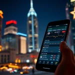Explore sports betting apps Texas on a smartphone set against a vibrant city skyline at night.