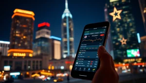 Explore sports betting apps Texas on a smartphone set against a vibrant city skyline at night.