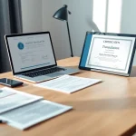 Tłumaczenie przysięgłe workspace showcasing a translator's desk with documents and certification.