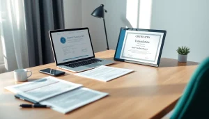 Tłumaczenie przysięgłe workspace showcasing a translator's desk with documents and certification.