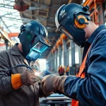 Welder executing structural steel welding technique on a construction site with precision.