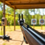 Showcase the Alamo 15 trigger, highlighting its precision and design in an outdoor shooting range setting.