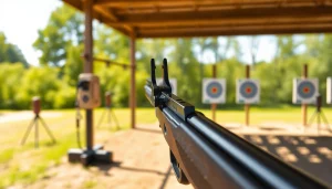 Showcase the Alamo 15 trigger, highlighting its precision and design in an outdoor shooting range setting.