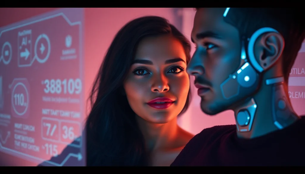 AI sex interactions showcasing an emotional connection between a human and AI in a futuristic setting.