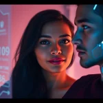 AI sex interactions showcasing an emotional connection between a human and AI in a futuristic setting.