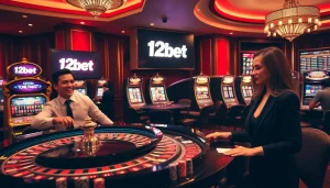 Players enjoying a thrilling casino experience at 12bet with roulette and slot machines.