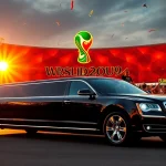 World Cup Group Transportation featuring a luxurious limousine outside a stadium with cheering fans.