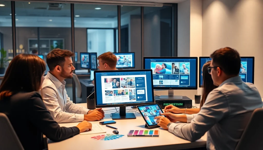 Professional team designing a custom website, emphasizing thiết kế website theo yêu cầu with modern technology.