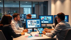 Professional team designing a custom website, emphasizing thiết kế website theo yêu cầu with modern technology.