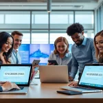 Online phone number verification process in a professional office environment, highlighting teamwork and innovation.
