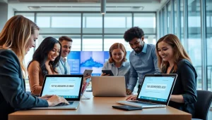 Online phone number verification process in a professional office environment, highlighting teamwork and innovation.