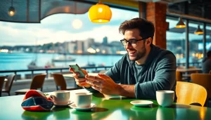 Engaging user exploring sports betting apps Nova Scotia with an urban backdrop.