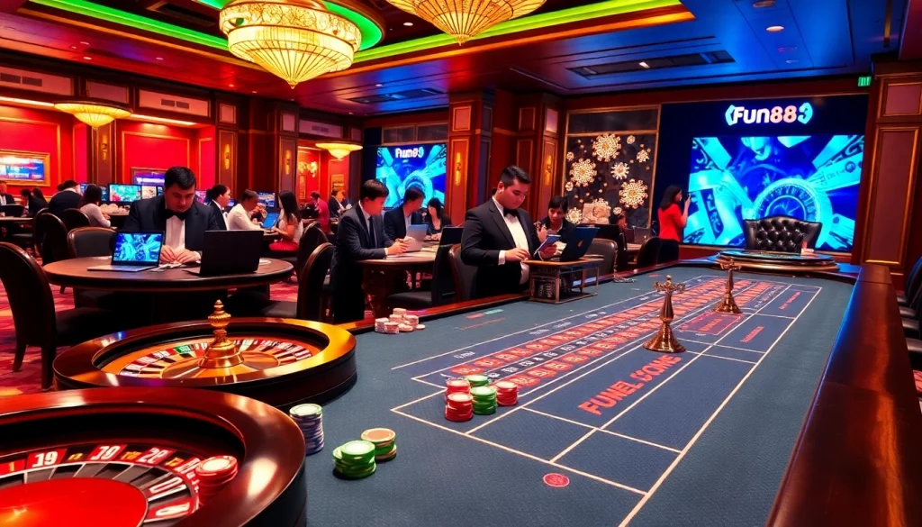 Engaging scene of players enjoying the Fun88 link at a casino table with vibrant poker chips and roulette.
