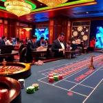 Engaging scene of players enjoying the Fun88 link at a casino table with vibrant poker chips and roulette.