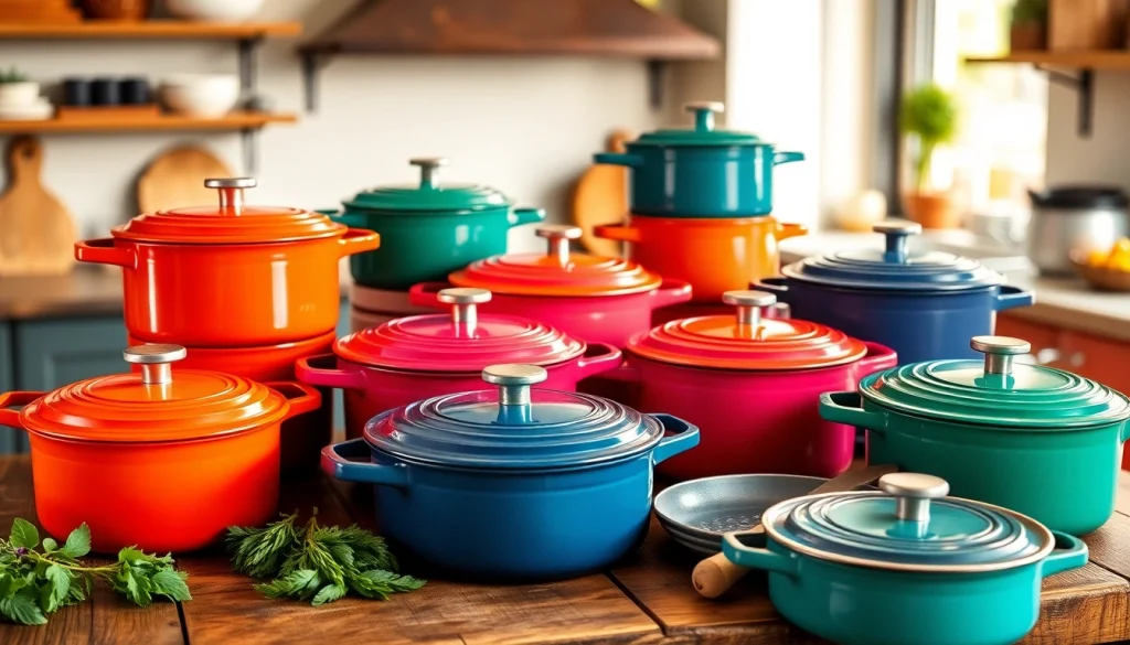 Embrace culinary creativity with Le Creuset NZ cookware in vibrant colors showcased on a rustic table.
