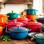 Embrace culinary creativity with Le Creuset NZ cookware in vibrant colors showcased on a rustic table.