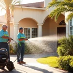 Soft wash service team restoring a home's exterior in Kissimmee, FL, showcasing professionalism and eco-friendly cleaning.