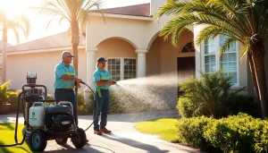 Soft wash service team restoring a home's exterior in Kissimmee, FL, showcasing professionalism and eco-friendly cleaning.