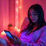 Engaging scene of ai sexting on a smart device in a cozy, inviting atmosphere.