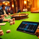 A dynamic scene showcasing gambling action at nhà cái rr88, featuring poker chips, cards, and a roulette wheel.