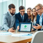 Team meeting showcasing WhatsApp Smart CRM interface on a digital tablet, emphasizing collaboration.