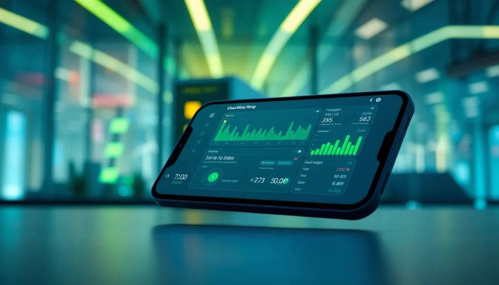 Cloud mining app user interface on smartphone, showcasing real-time mining stats and renewable energy icons.