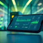 Cloud mining app user interface on smartphone, showcasing real-time mining stats and renewable energy icons.