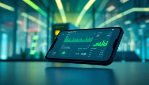 Cloud mining app user interface on smartphone, showcasing real-time mining stats and renewable energy icons.