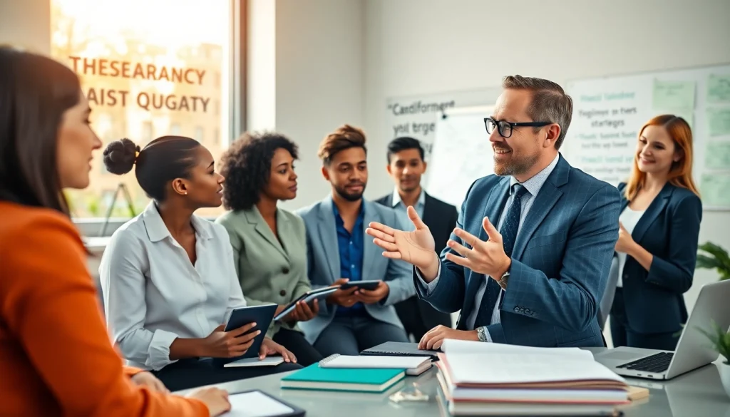 Engage in a transformative business coaching service with a professional coach and clients in a modern office.