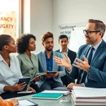 Engage in a transformative business coaching service with a professional coach and clients in a modern office.