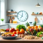 Discover benefits of intermittent fasting with healthy foods and a clock symbolizing meal timing.