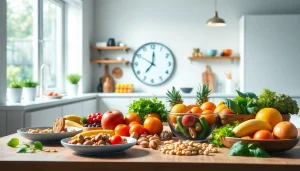 Discover benefits of intermittent fasting with healthy foods and a clock symbolizing meal timing.