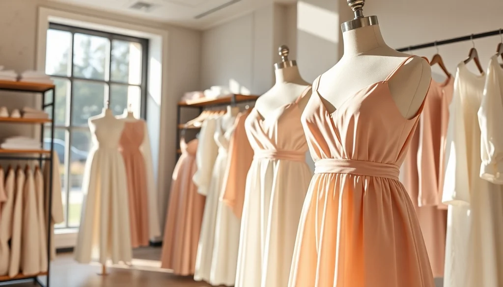 Rivelle showcases elegant fashion pieces in a stylish boutique setting.