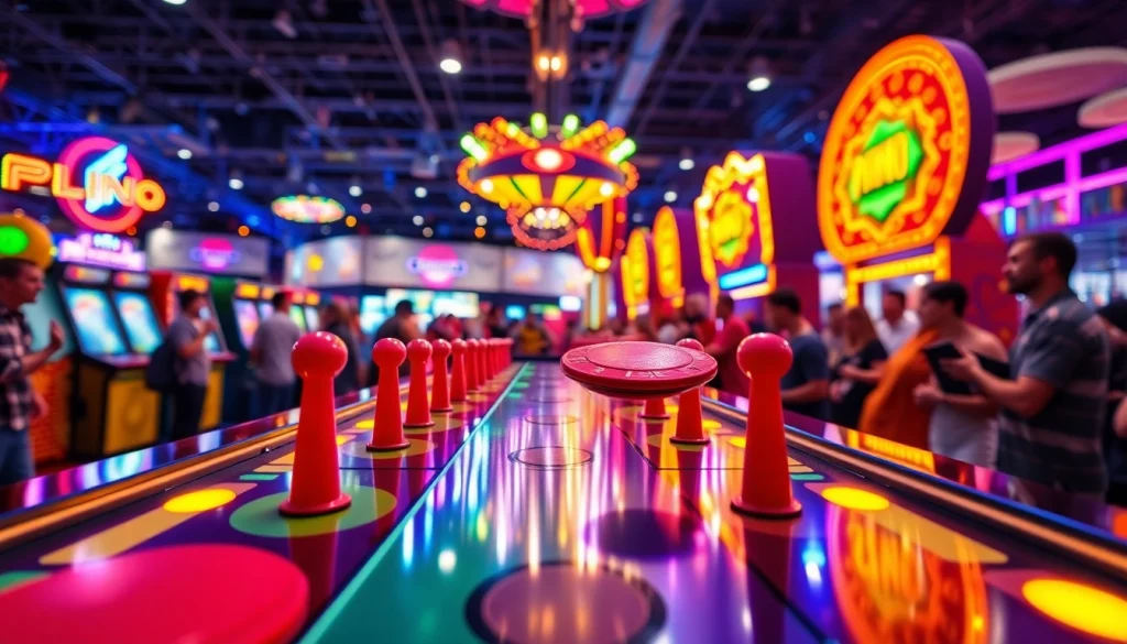 Menggugurkan disk di papan plinko yang cerah dan penuh warna