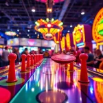 Menggugurkan disk di papan plinko yang cerah dan penuh warna