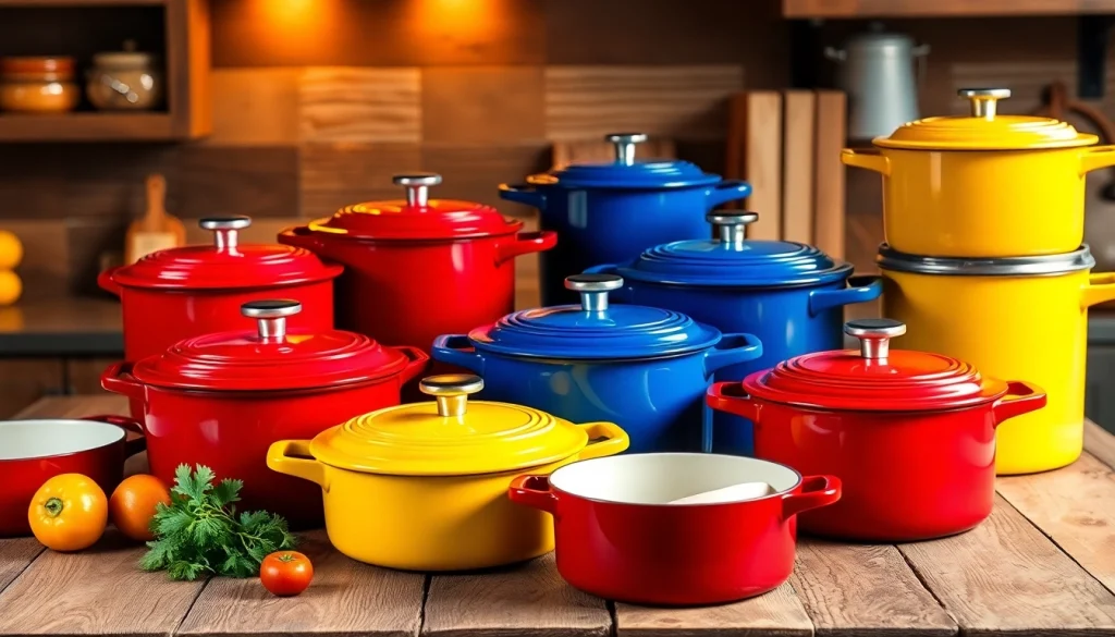 Showcasing Le Creuset NZ cookware in vibrant colors, beautifully arranged on a kitchen counter.