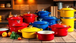 Showcasing Le Creuset NZ cookware in vibrant colors, beautifully arranged on a kitchen counter.