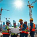 Engaged team in Austin construction discussing blueprints at a bustling construction site.