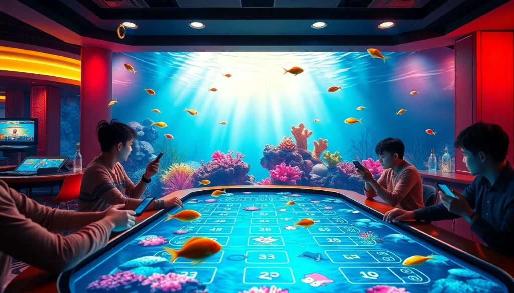 Bắn cá đổi thưởng game experience with vibrant aquarium visuals and engaging players in a casino setting.