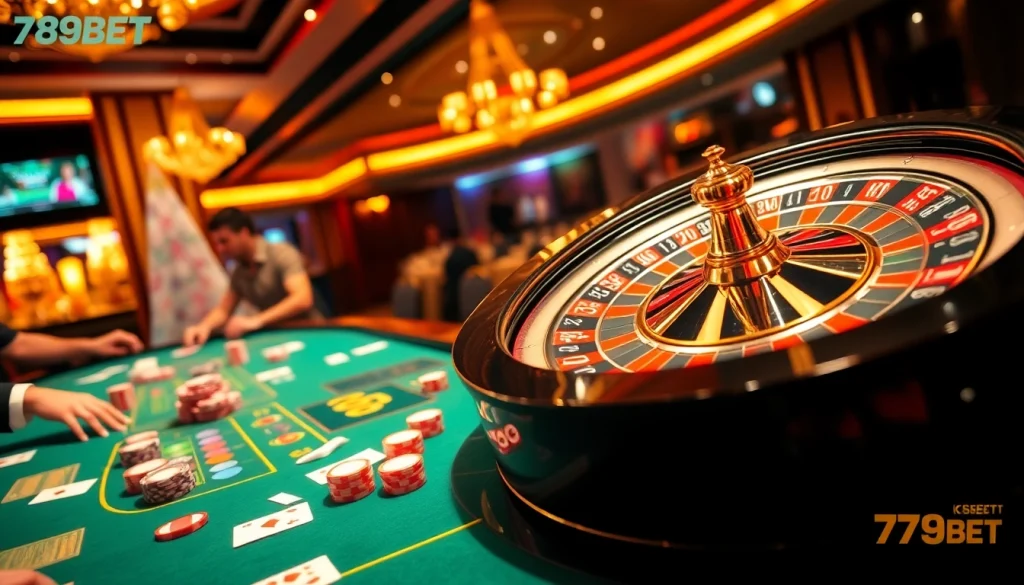 Players enjoying an exciting game at the 789BET casino, showcasing chips, cards, and a roulette wheel.
