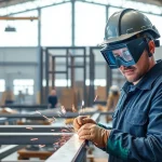 Expert in structural steel welding demonstrating precision and technique in a bright industrial workshop.