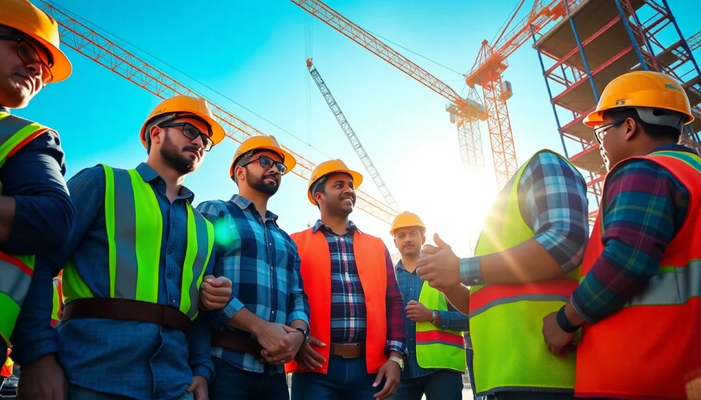 Showcasing a vibrant construction career, workers in action at a dynamic job site.