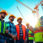 Showcasing a vibrant construction career, workers in action at a dynamic job site.