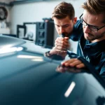 Apply ceramic coating near me for a glossy finish on a vehicle in a modern garage.